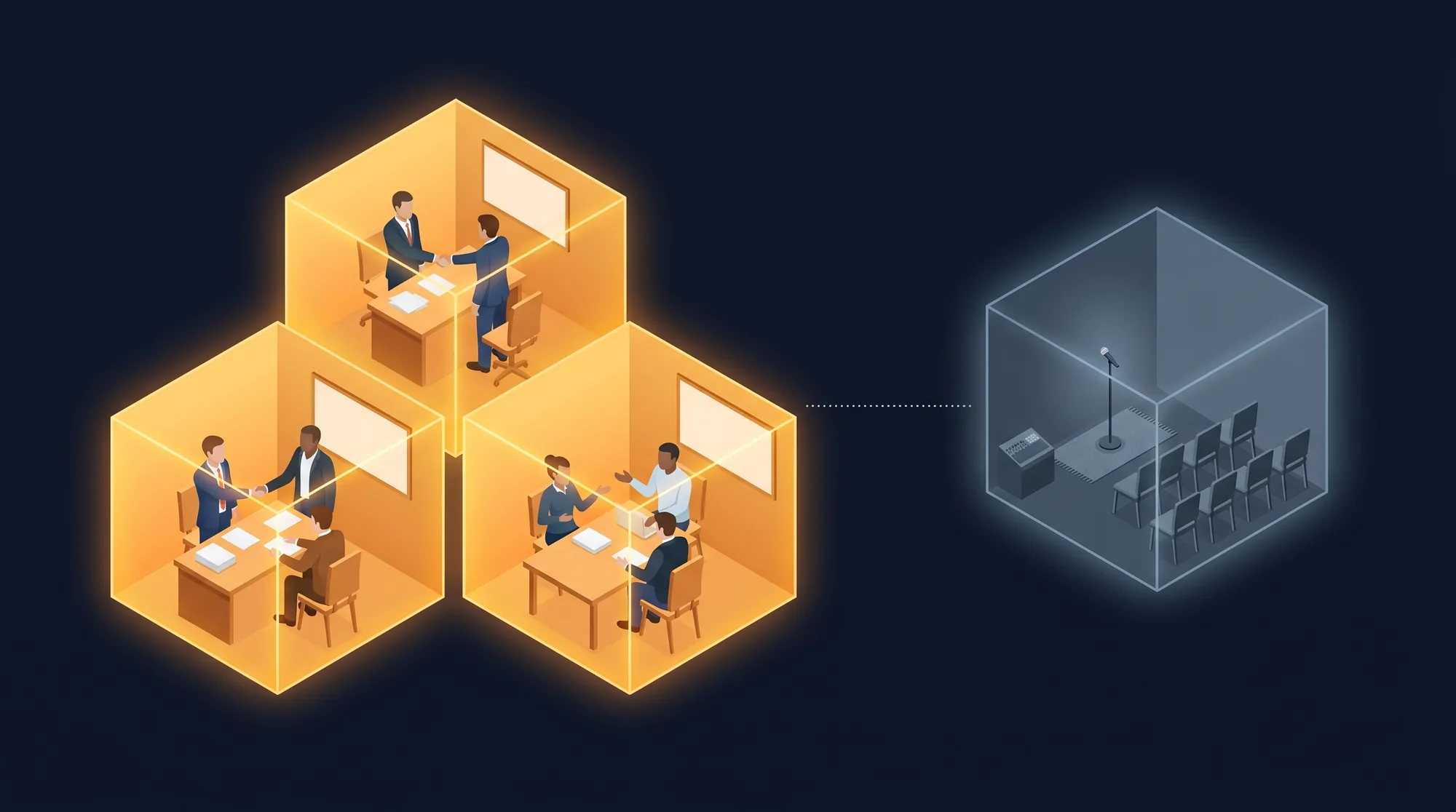 Coaching session data diagram: three amber cubes of live deal moments outnumber a single dim cube of rehearsal practice