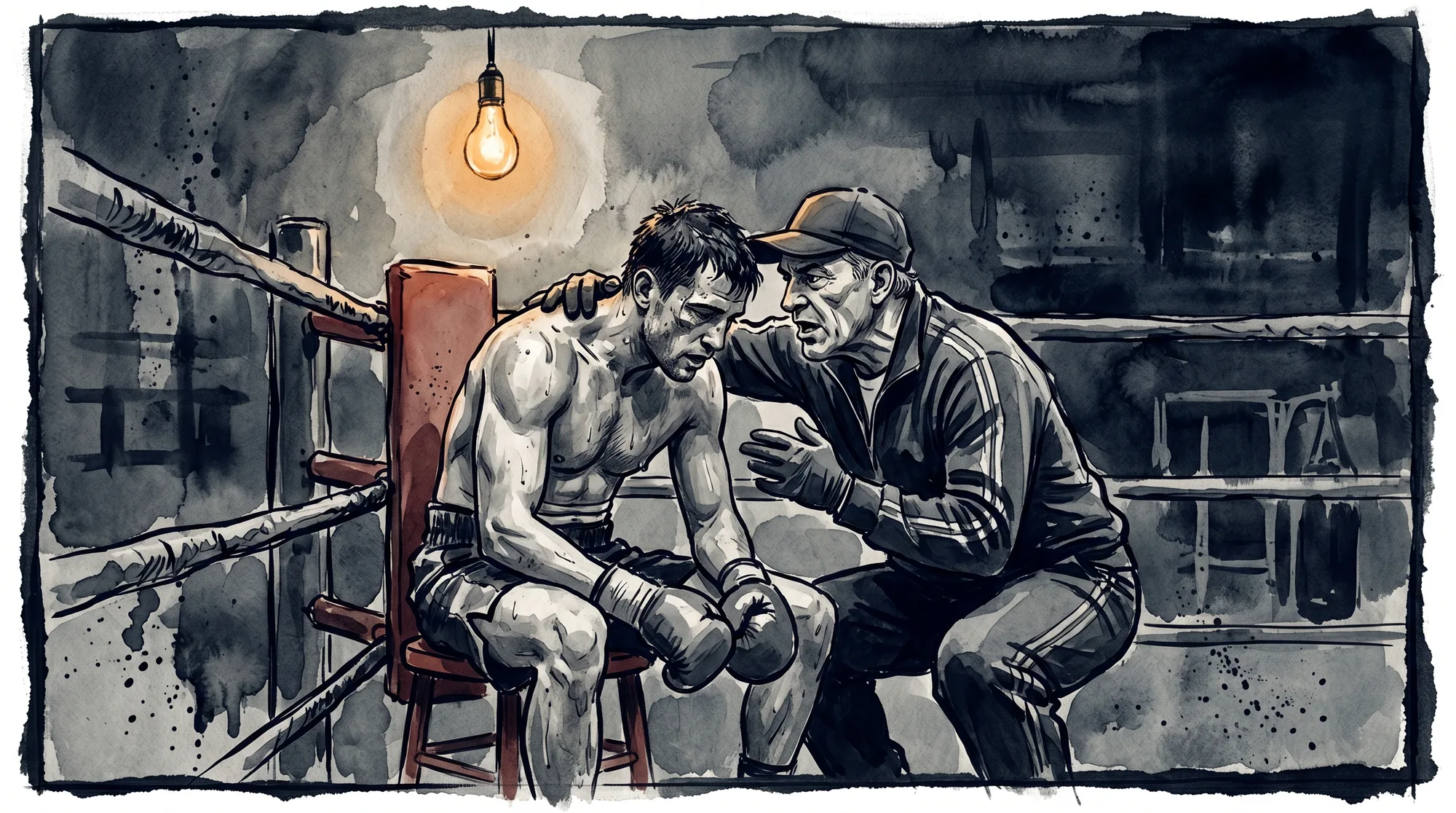 A boxing coach between rounds gives a tired fighter urgent guidance, the in-the-moment model for AI sales coaching