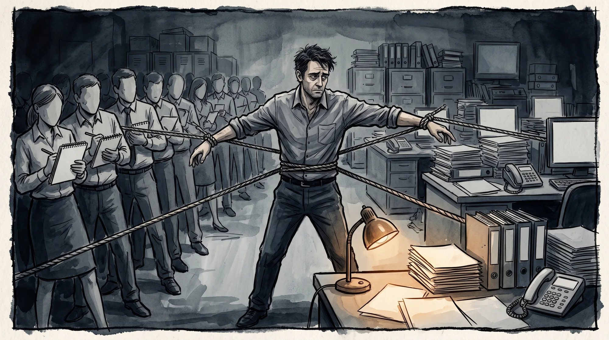 An overwhelmed sales manager pulled in every direction by taut ropes, why frequent sales coaching is so hard to deliver