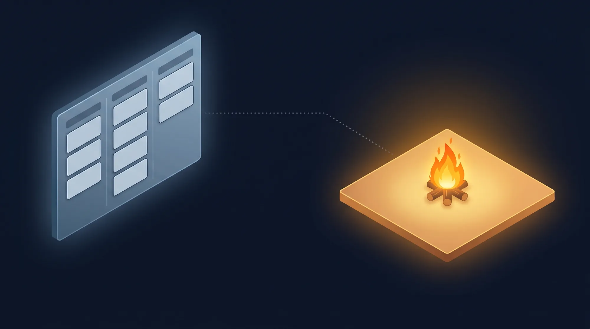 Diagram contrasting a tidy kanban of blank deal cards with an urgent amber campfire, the relevance gap in sales coaching