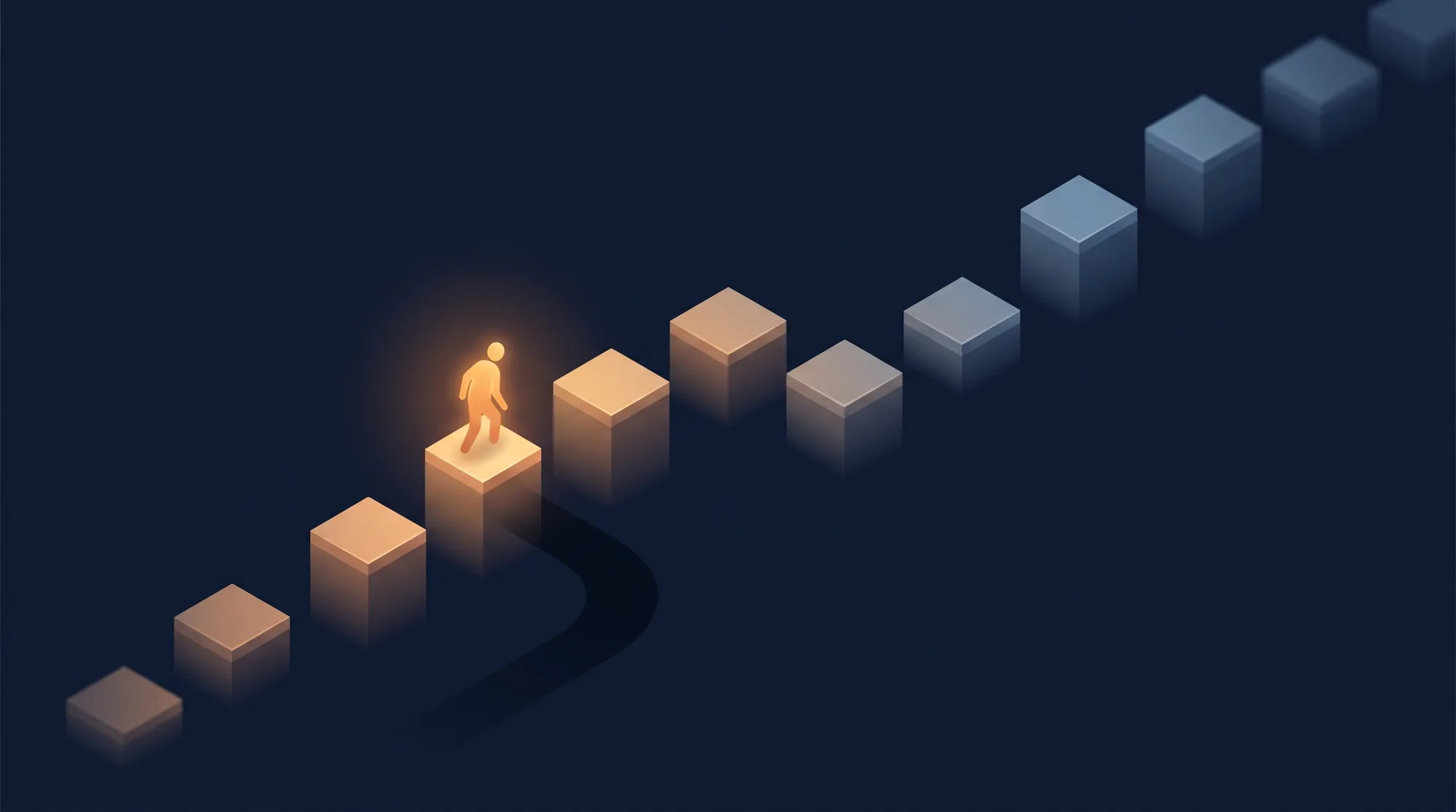 Diagram of an AI pilot evaluation journey: a figure crosses stepping platforms that dim, with one off-ramp into shadow