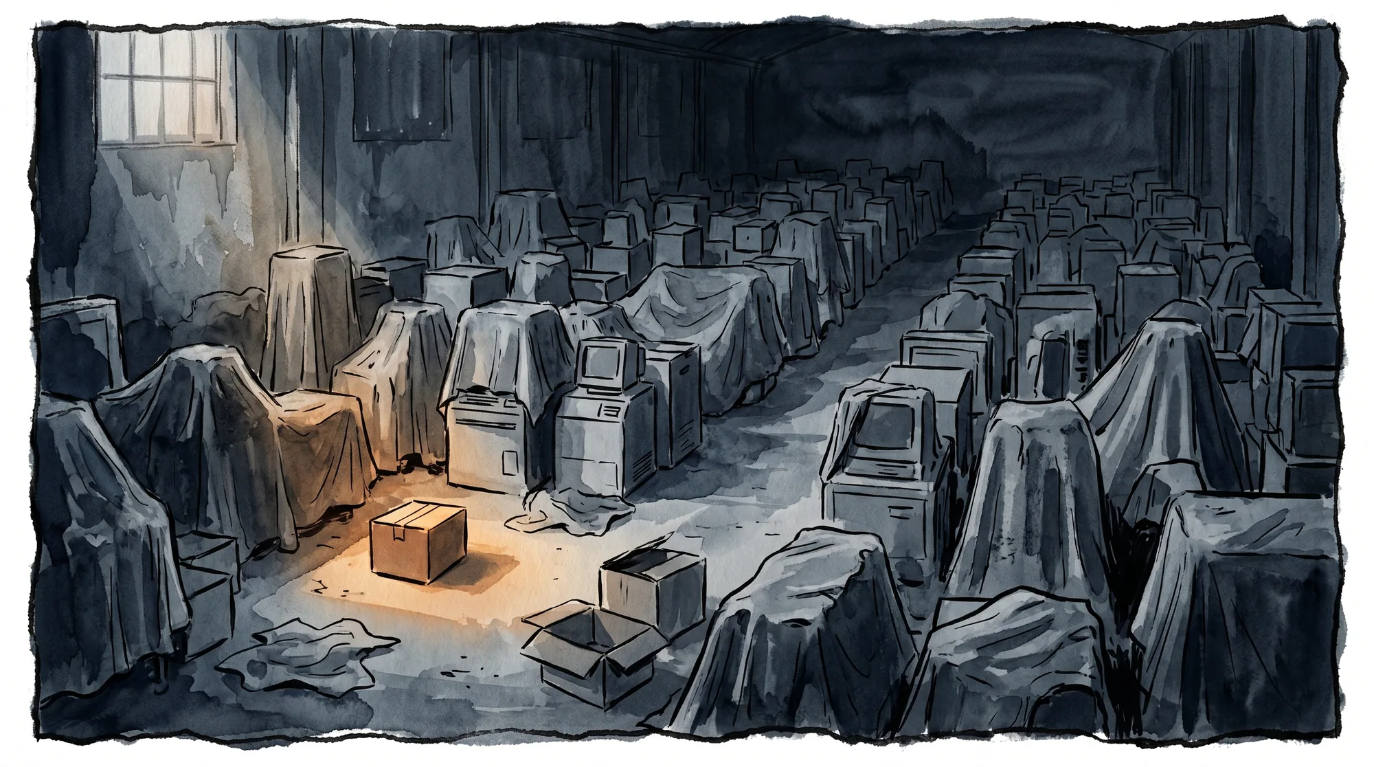 A storage room of dust-sheeted machines, each a failed AI sales tool pilot, with one box lit as the rare survivor