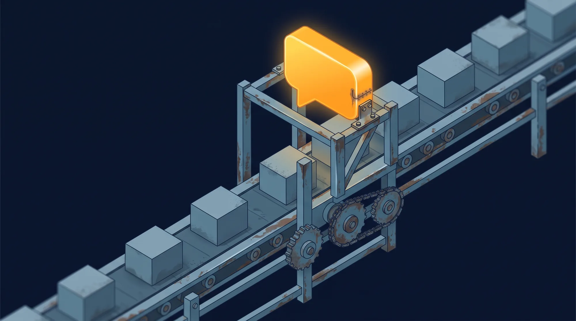 A rusty training-content assembly line with a single shiny AI chatbot module bolted clumsily on top, sales enablement relabelled