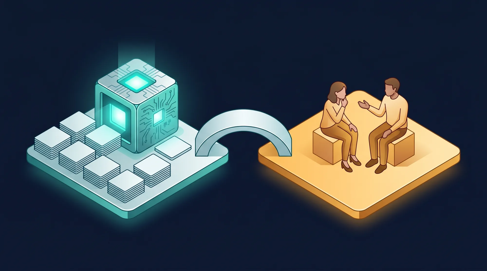 Diagram of AI coaching the deal: an analytical engine sorts deal cards while two people talk, joined by a balanced bridge