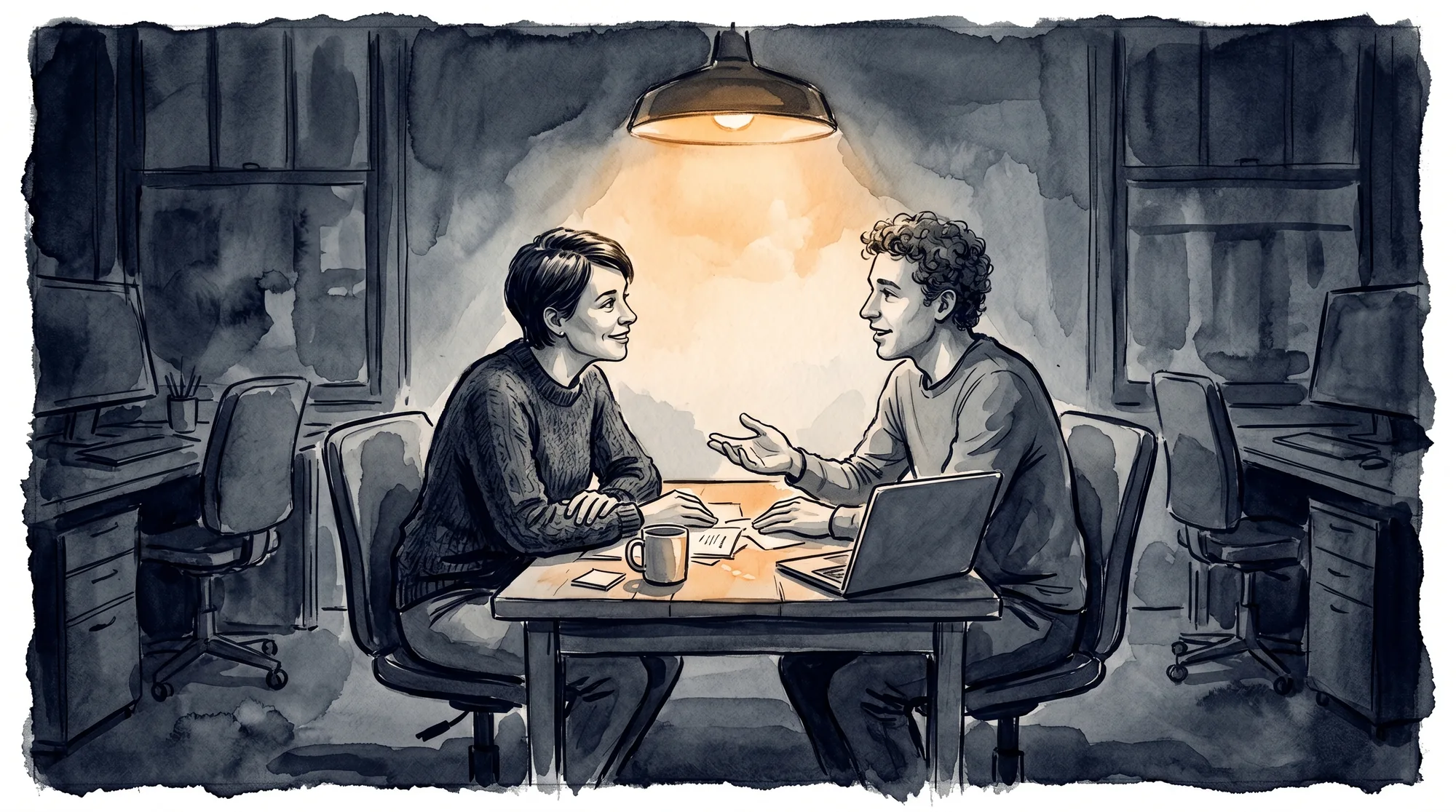 A sales manager coaches the rep in a genuine one-to-one, laptop closed, the human half of the AI coaching model
