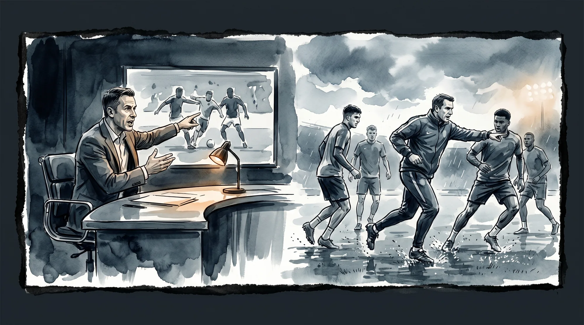 Analytics versus sales coaching: a pundit gestures at a replay screen while a coach runs a live training drill with players