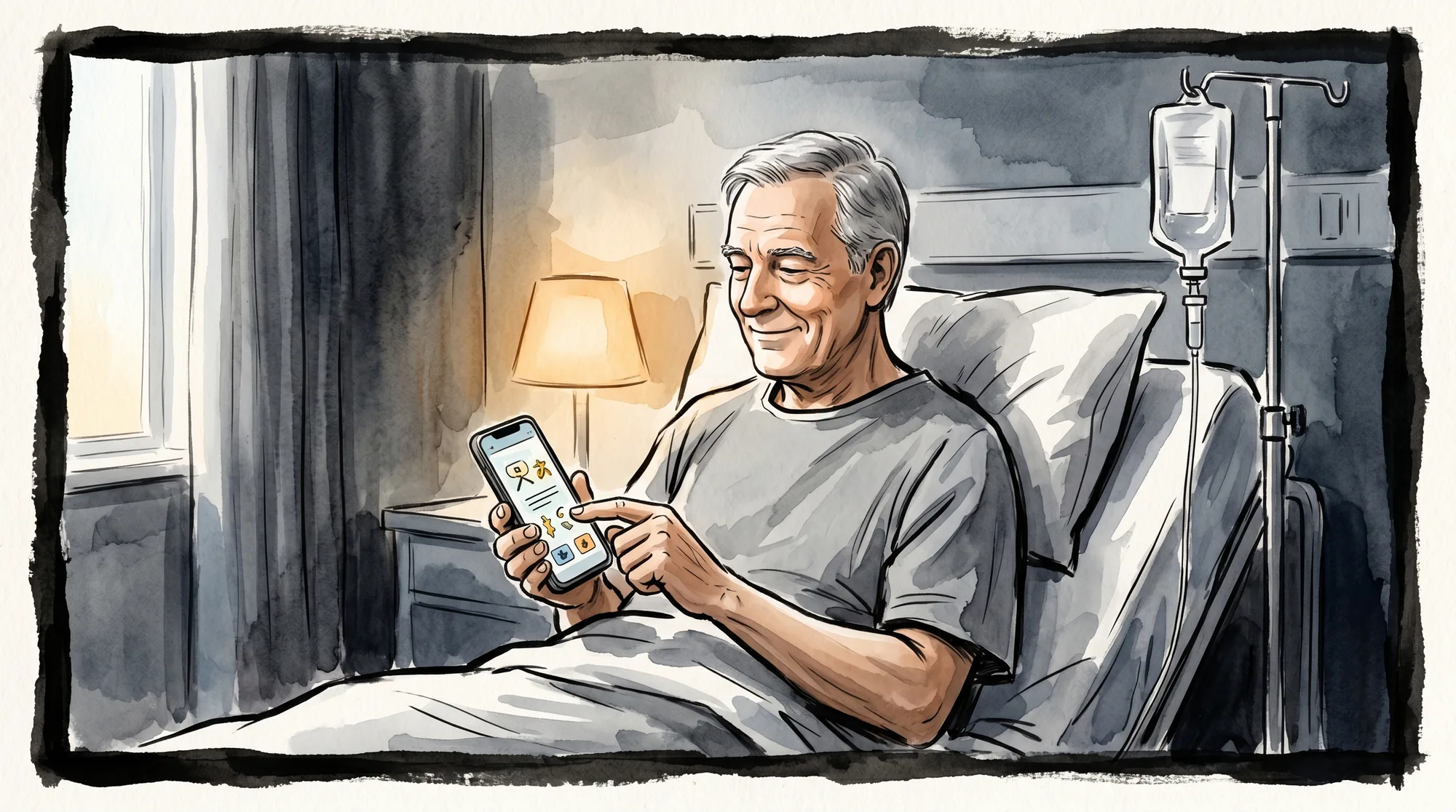 An older man in a hospital recovery bed calmly tapping a language-learning app, the pull-not-push habit AI sales coaching aims for