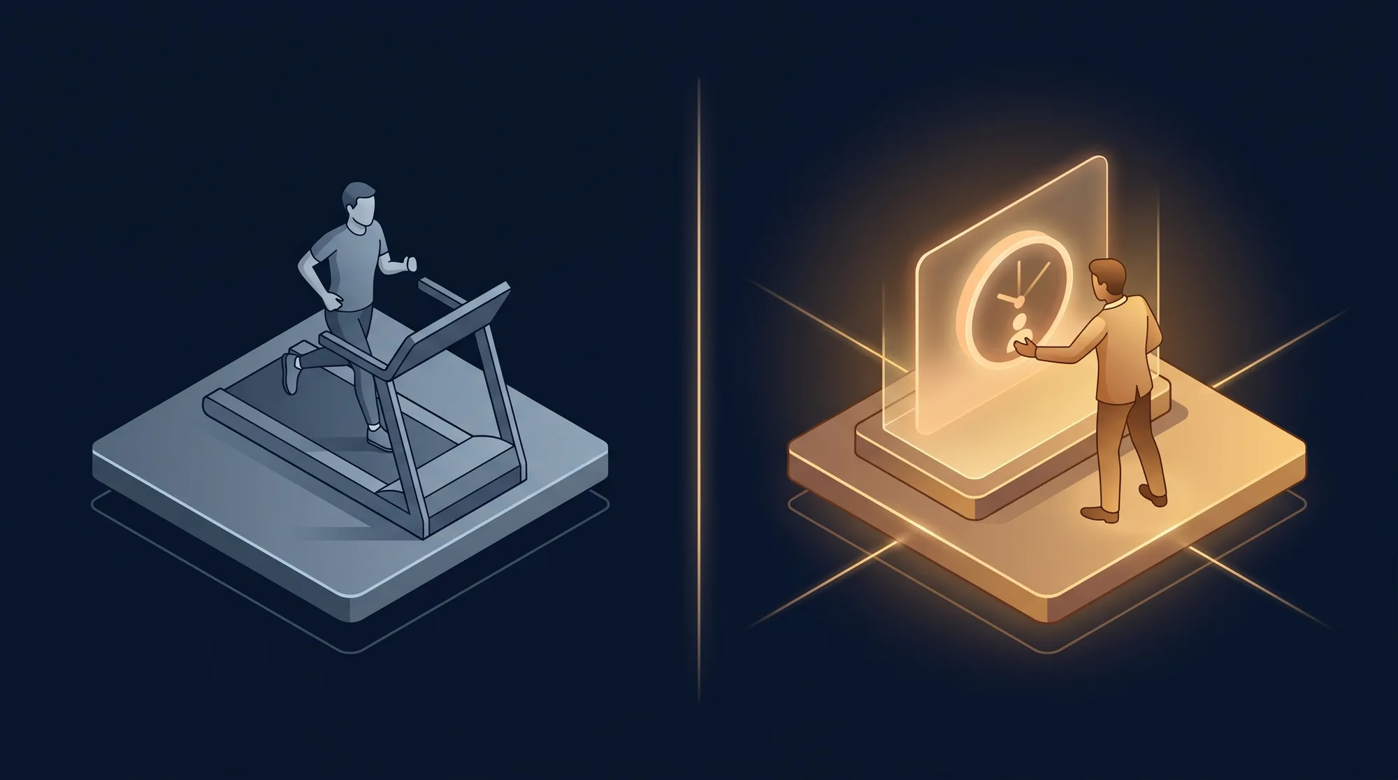 A diagram contrasting a grey treadmill running on the spot against performance support on a glowing live deal closing against a countdown clock