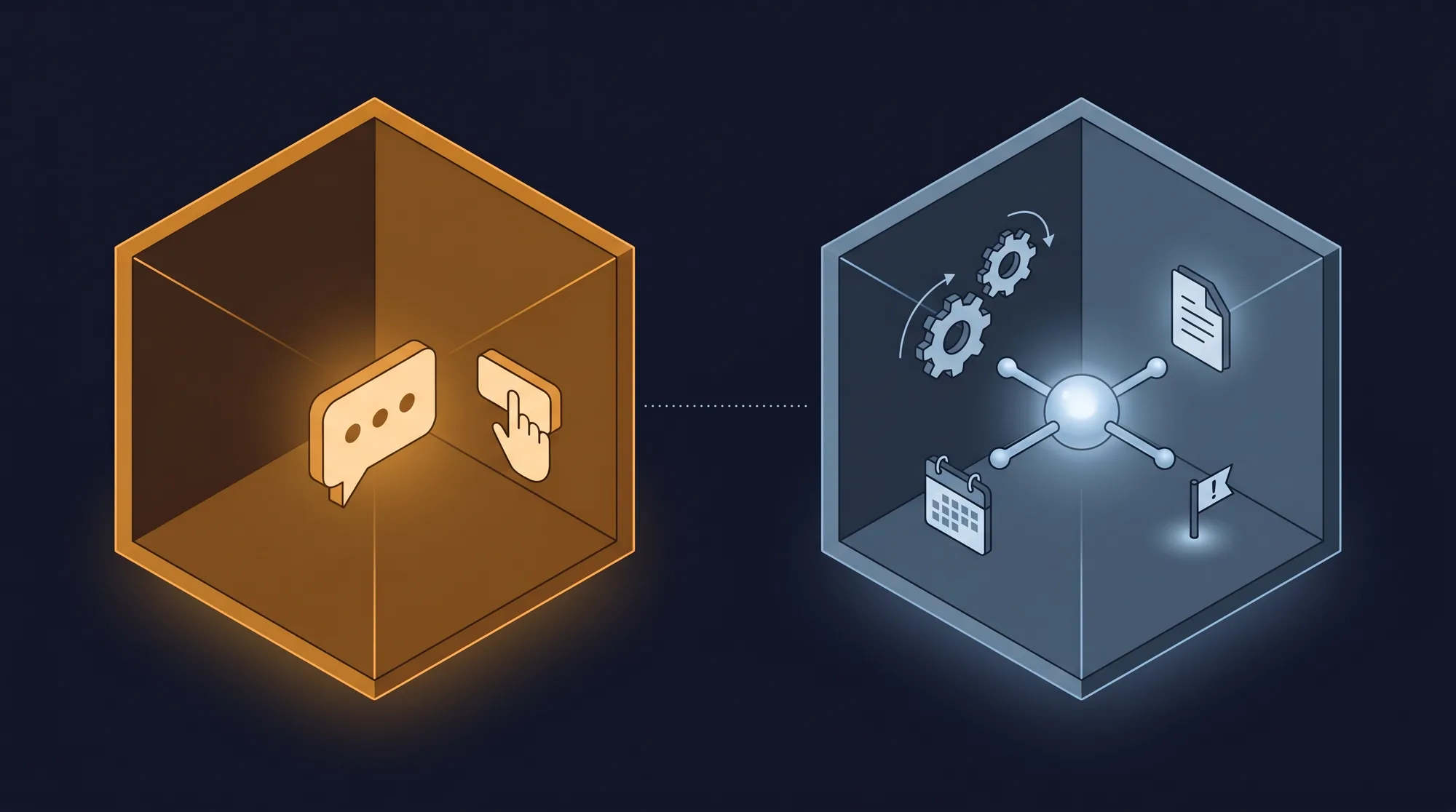 An isometric diagram contrasting a reactive chatbot waiting to be clicked against genuine agentic enablement reaching out to multiple tools on its own