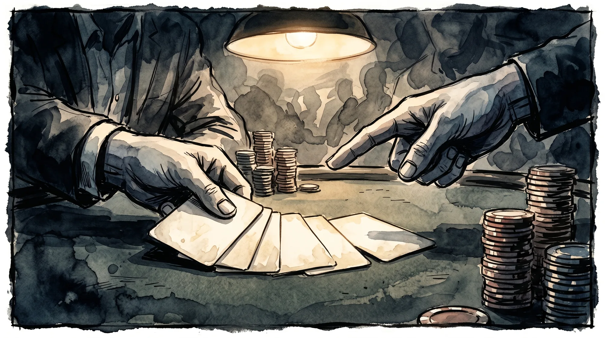 A close-up of a poker hand laying down blank, valueless cards as another hand points at the exposed agentic enablement bluff