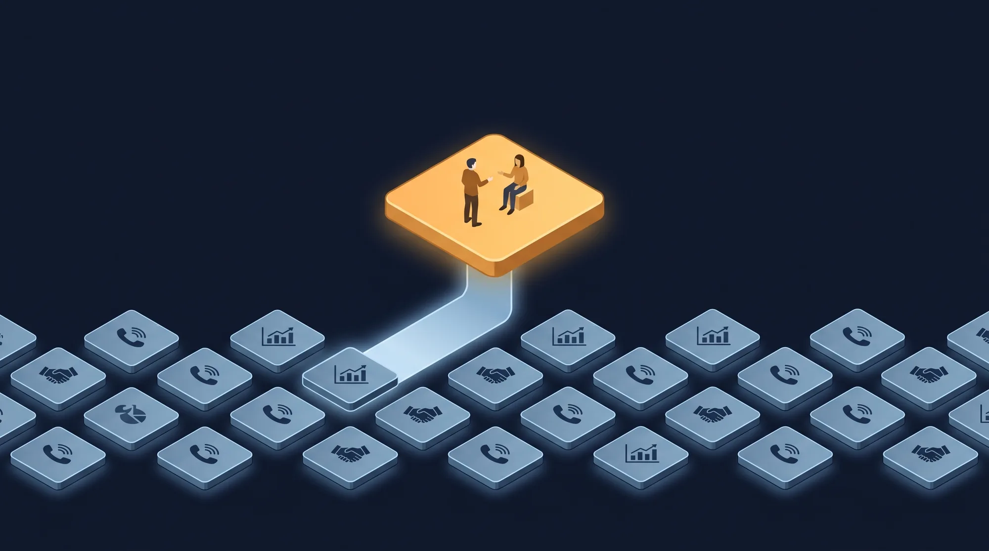 An isometric diagram of frequent AI sales coaching tiles feeding up into a single warm human one-to-one coaching moment above