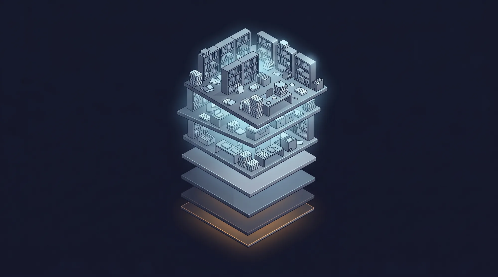 An isometric diagram of a top-heavy sales enablement stack: a bloated content library balanced on a thin, neglected execution layer, the whole tower leaning