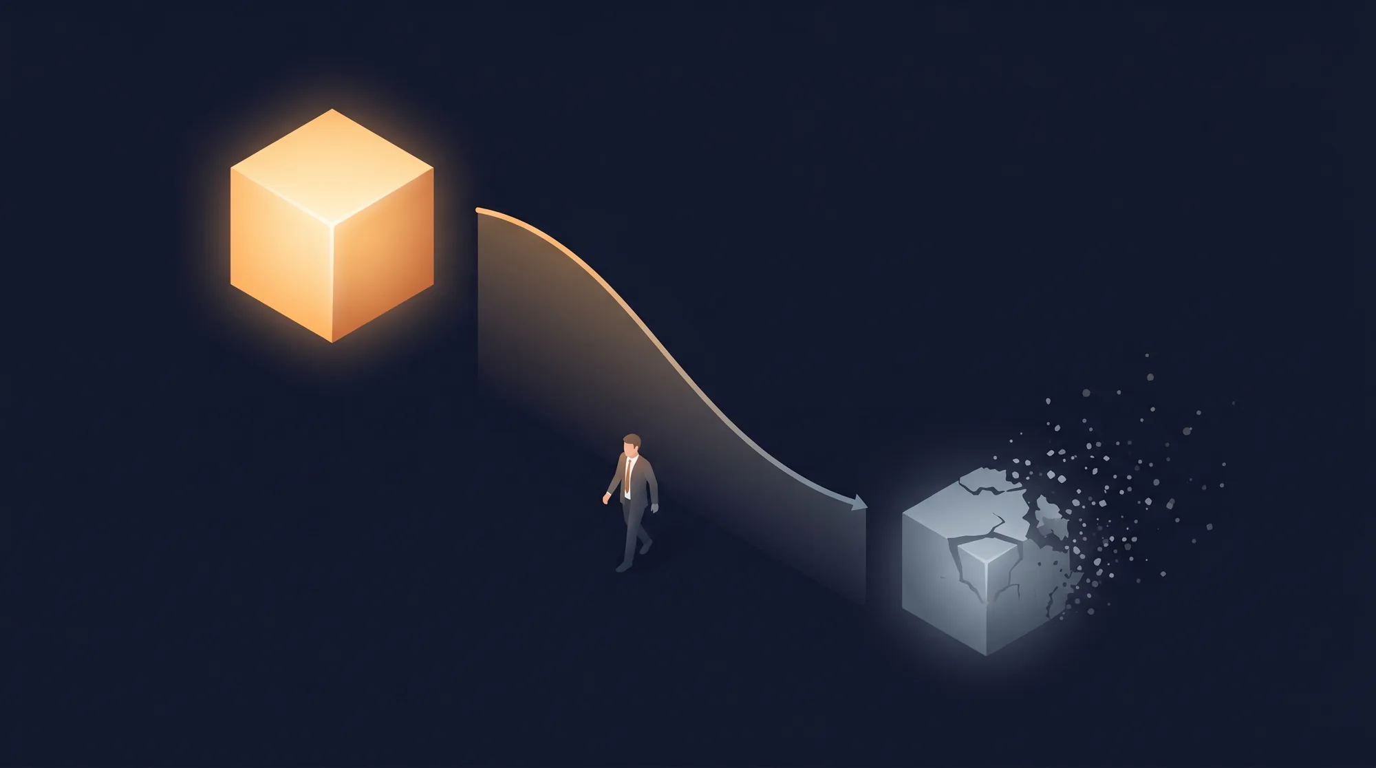 An isometric forgetting-curve diagram: a bright cube of training knowledge crumbling into fading particles, the sales enablement decay problem