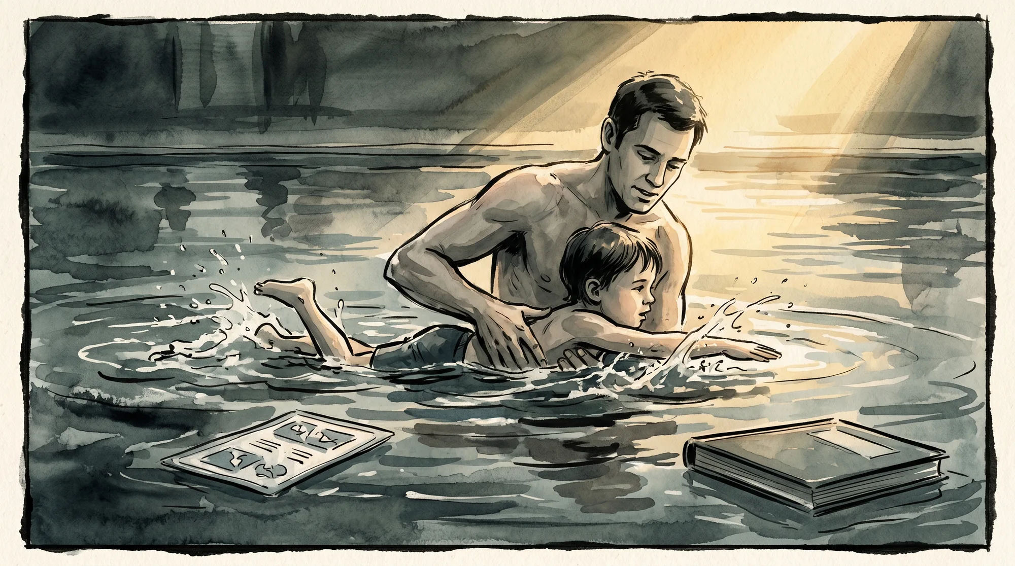 A father steadying a child mid-stroke in a pool while an instruction card and closed book float ignored, coaching beating sales enablement content