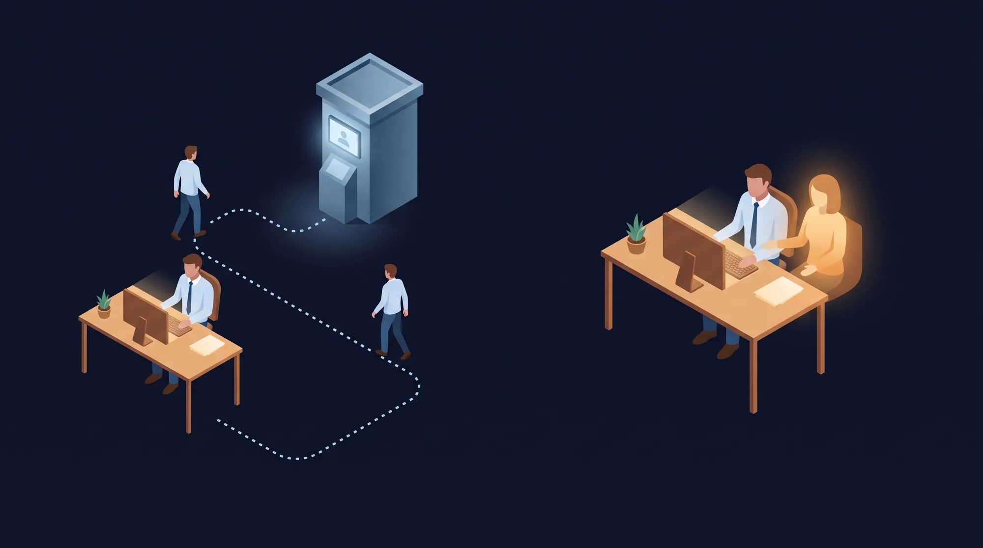 An isometric diagram contrasting LMS portal coaching, a long detour to an isolated kiosk, with workflow coaching right at the rep's desk