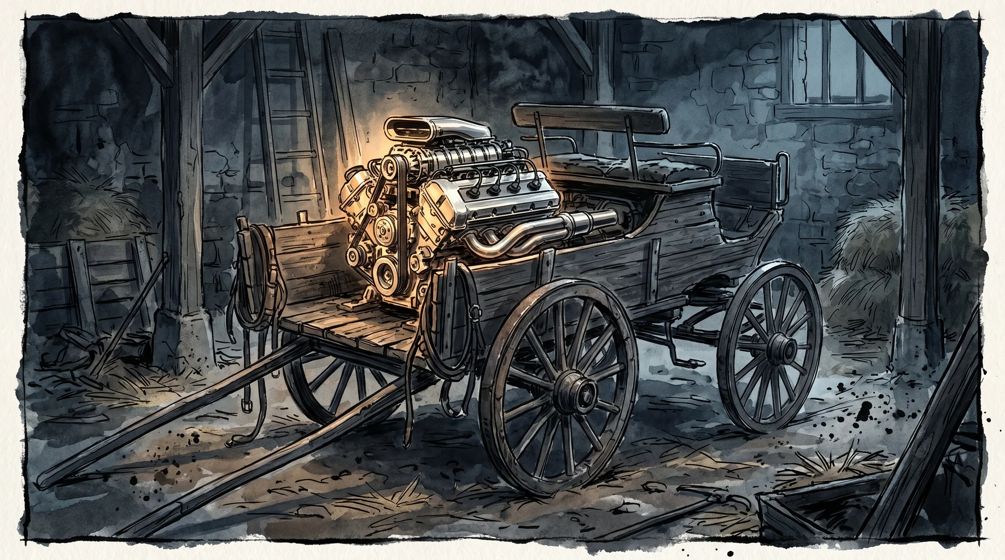 A gleaming racing engine absurdly bolted into an old horse-drawn cart, modern AI coaching trapped in an outdated LMS format