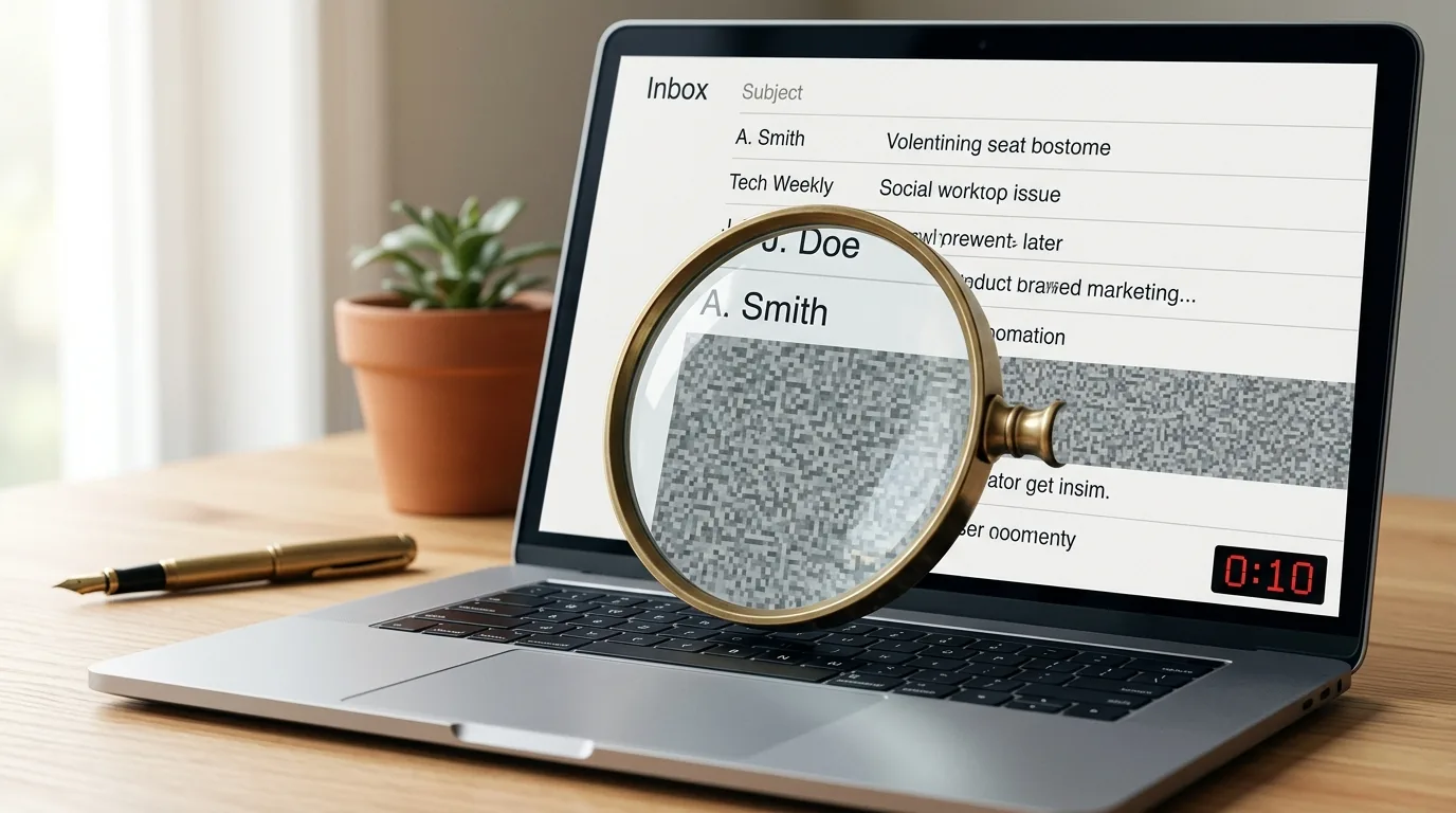 A magnifying glass hovering over an email inbox on a laptop, revealing the message beneath it dissolving into pixellated grey static. A small digital timer in the corner reads 0:10.