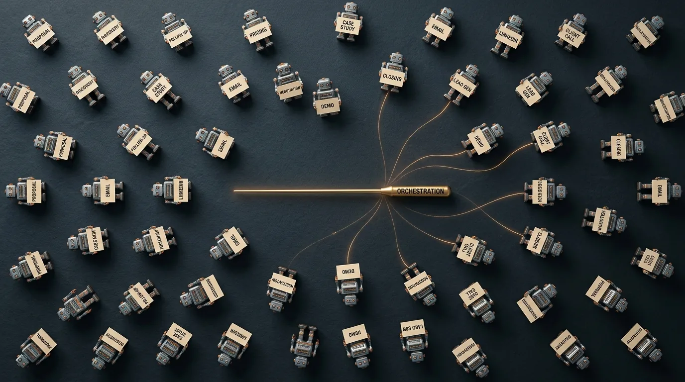 A flat-lay of fifty disconnected robot toys each labelled with a different sales function (proposal, discovery, email, pricing, case study, LinkedIn) scattered across a dark slate surface, with a single glowing brass conductor's wand labelled ORCHESTRATION in the centre beginning to link them together with faint amber threads.