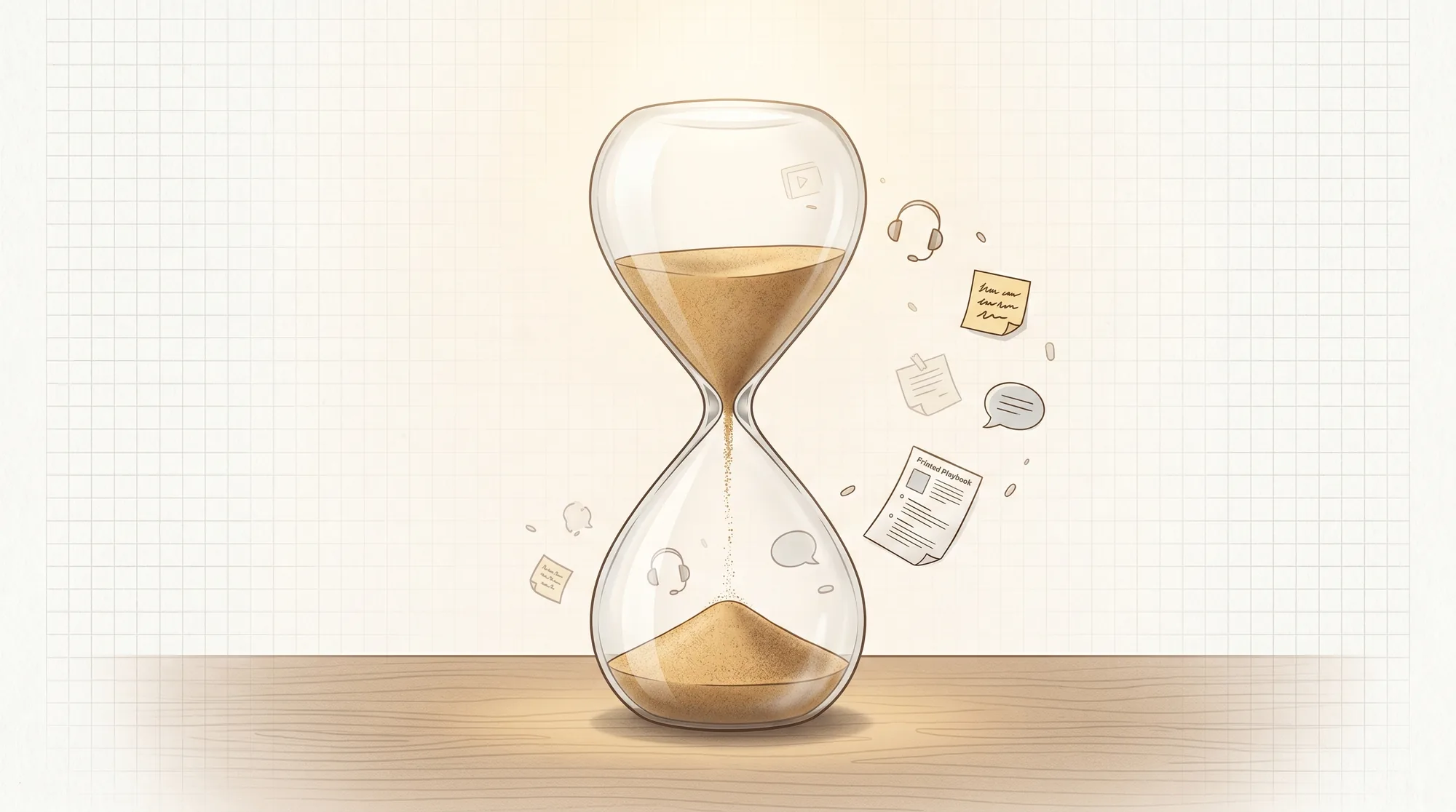 A transparent hourglass on a wooden desk with sand running out, surrounded by faint icons of coaching activities (headsets, sticky notes, chat bubbles, playbook pages) being slowly consumed by time