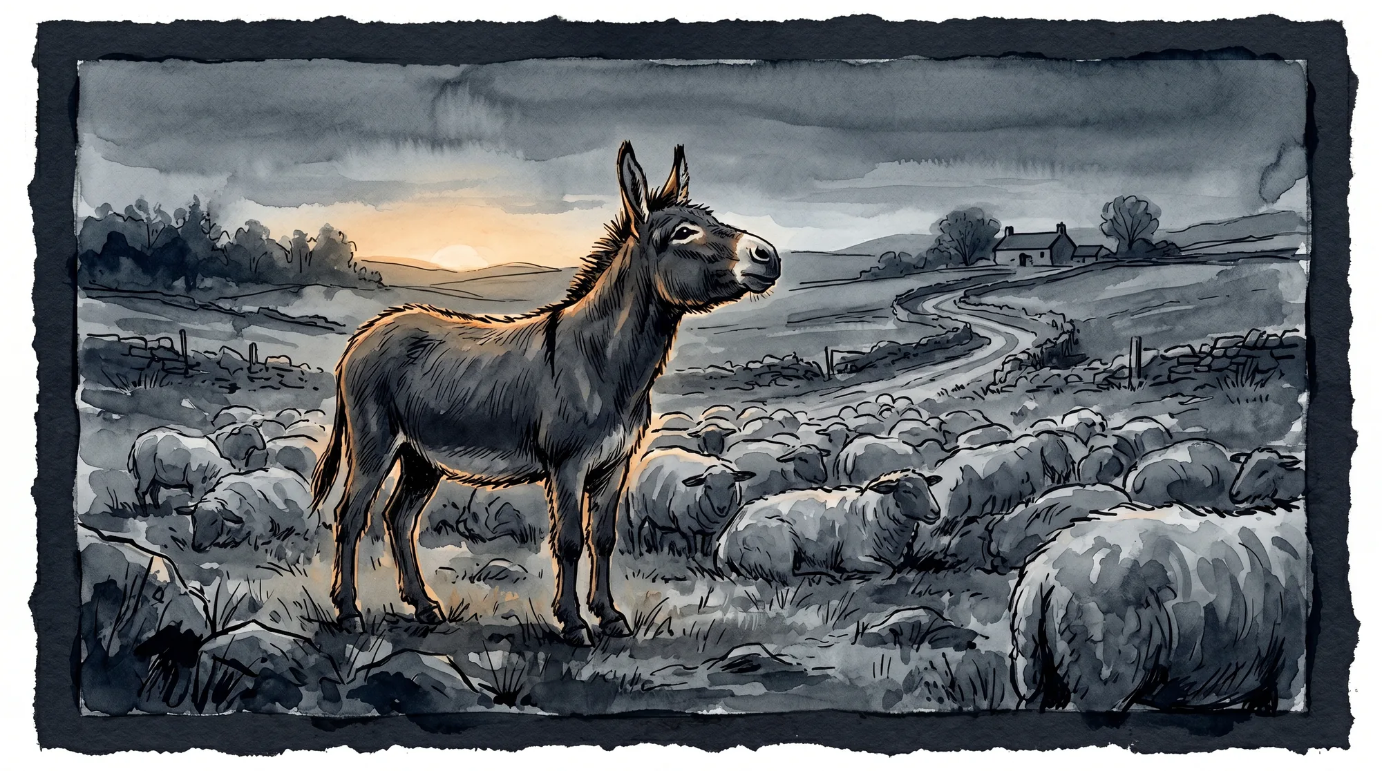 A sturdy donkey stands watchful and unafraid in a field of sheep at dawn, calmly guarding the flock from threats