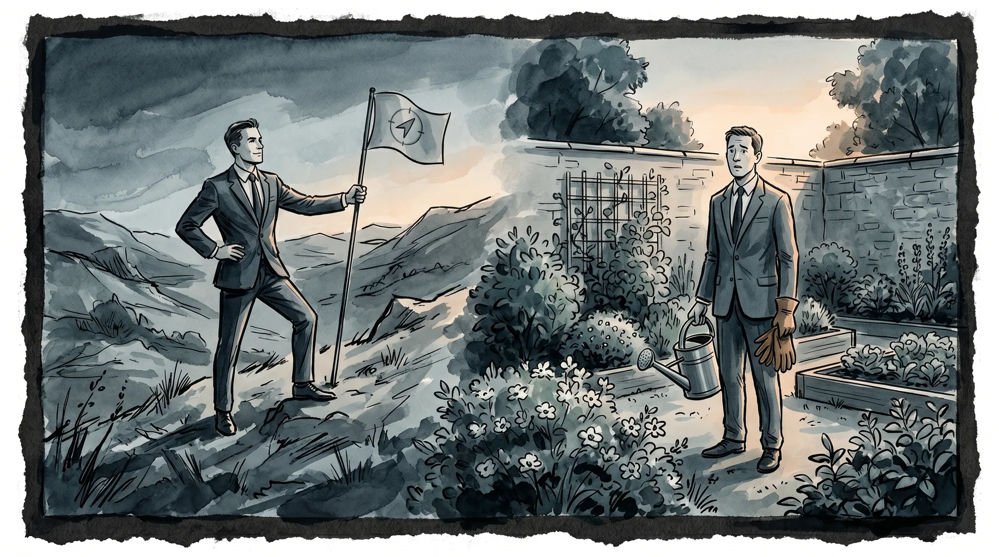 A flag-planting sales hunter handed a watering can, the expansion skill shift from new-logo hunter to account farmer