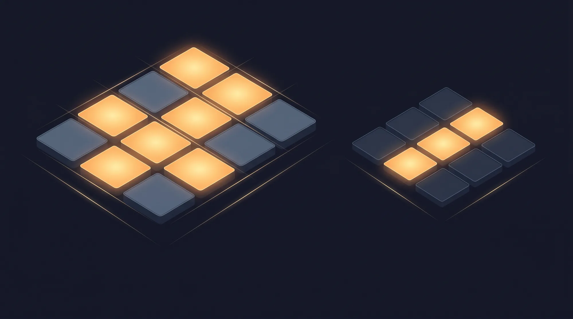 Two stakeholder grids side by side: a healthy multi-threaded grid lit warm throughout, and a fragile single-threaded account lit on just one diagonal