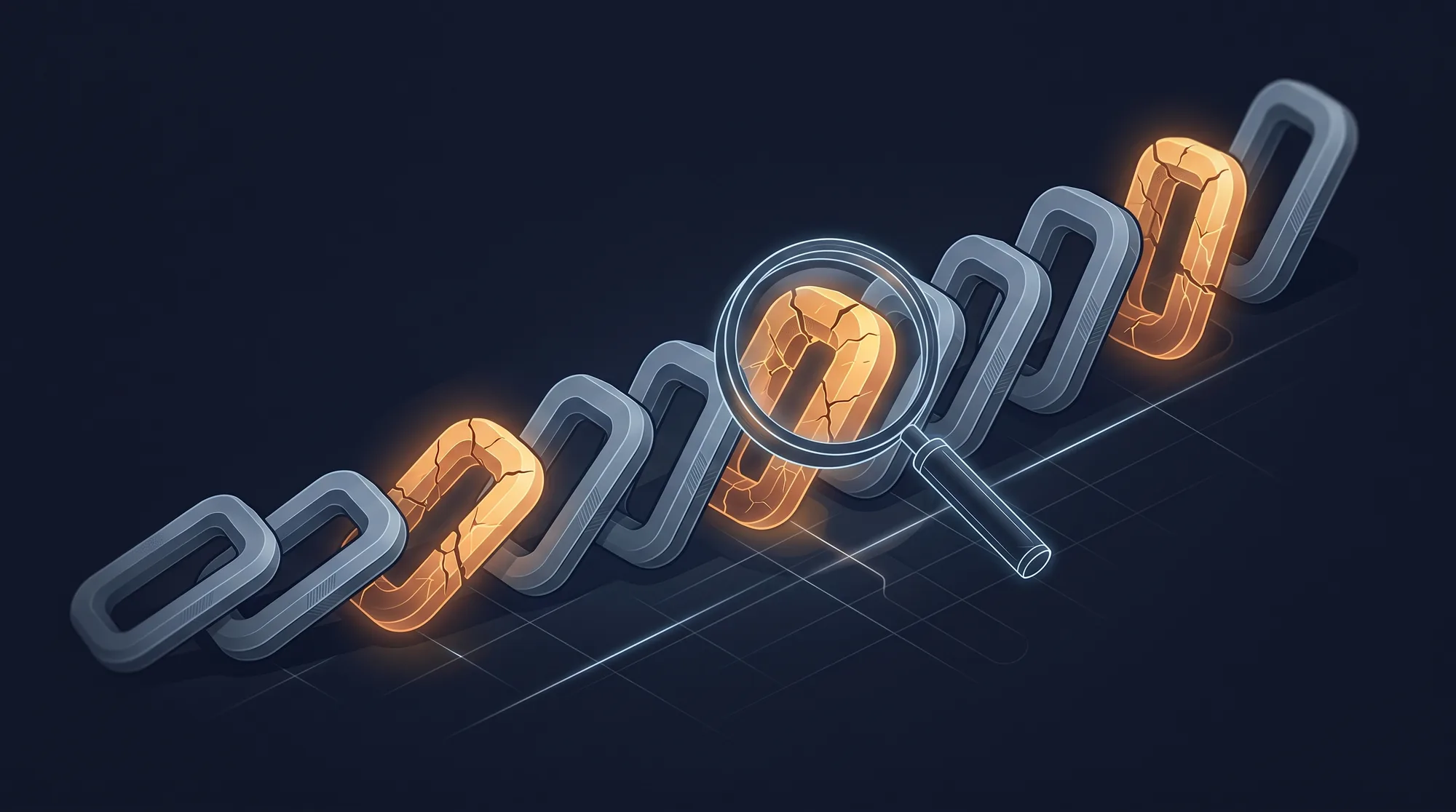 A chain of ten links with several cracked and glowing, a magnifying glass inspecting the weak link where expansion deals die