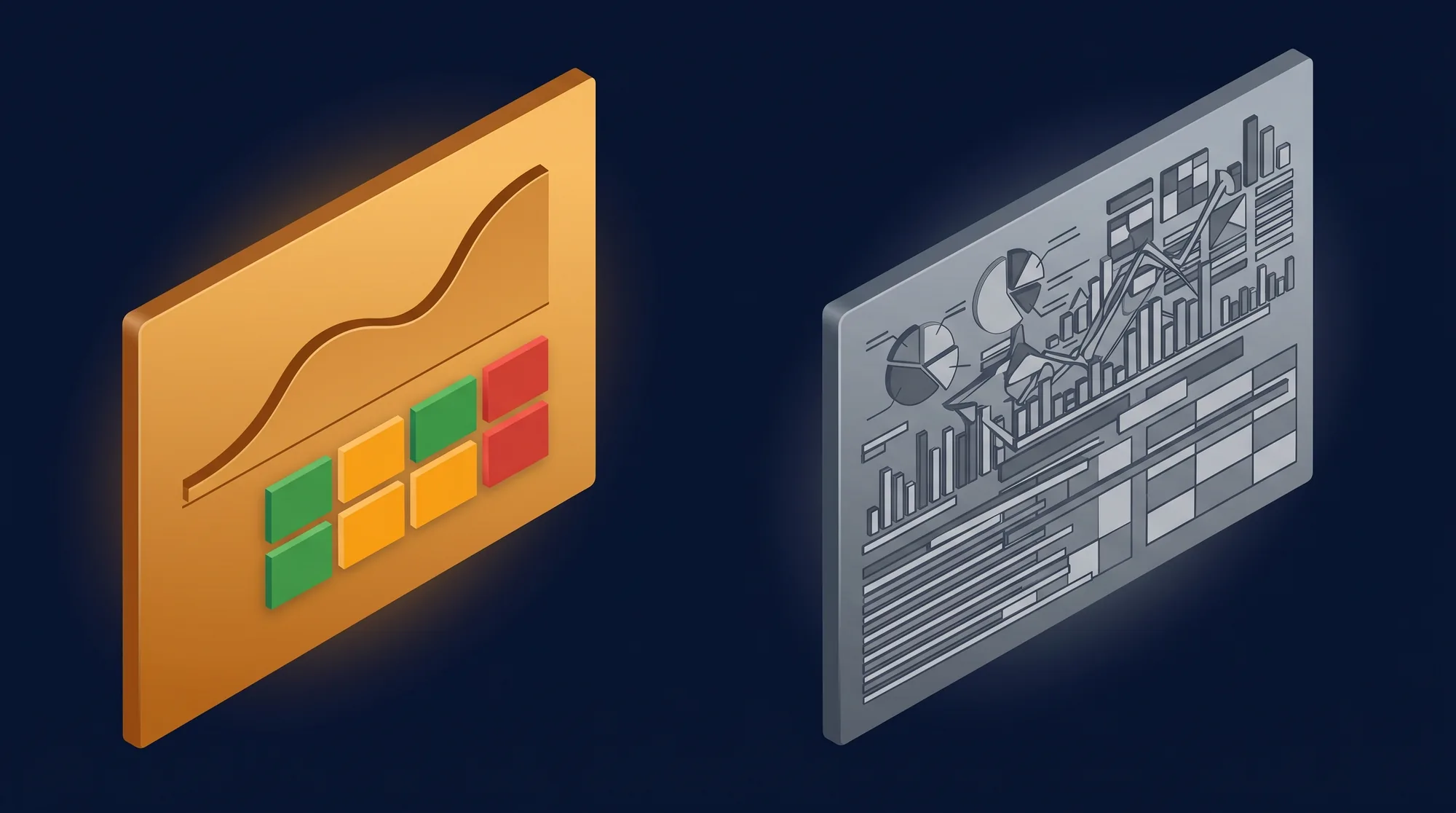 An isometric diagram contrasting a clean focused QBR slide with one metric and a traffic-light grid against a cluttered grey slide of unreadable charts