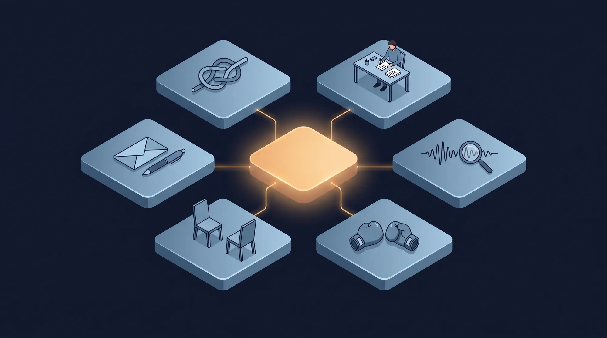 An isometric diagram of the six jobs of an AI sales coach as connected tiles: deal diagnosis, call prep, call review, objection drilling, roleplay and email writing