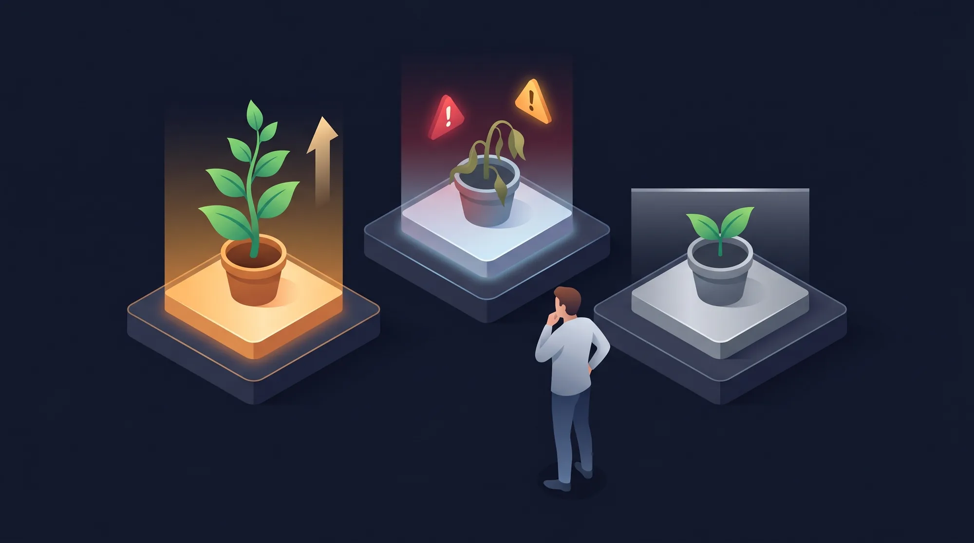 An isometric diagram of three accounts to expand or hold: a thriving plant ready to grow, a wilting plant flagged do not push, and a healthy plant at a low ceiling