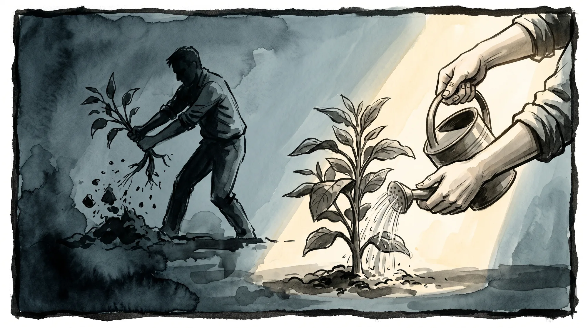 A painterly scene contrasting a gardener patiently growing a thriving plant against a figure forcing one from the soil, the wrong way to expand an account