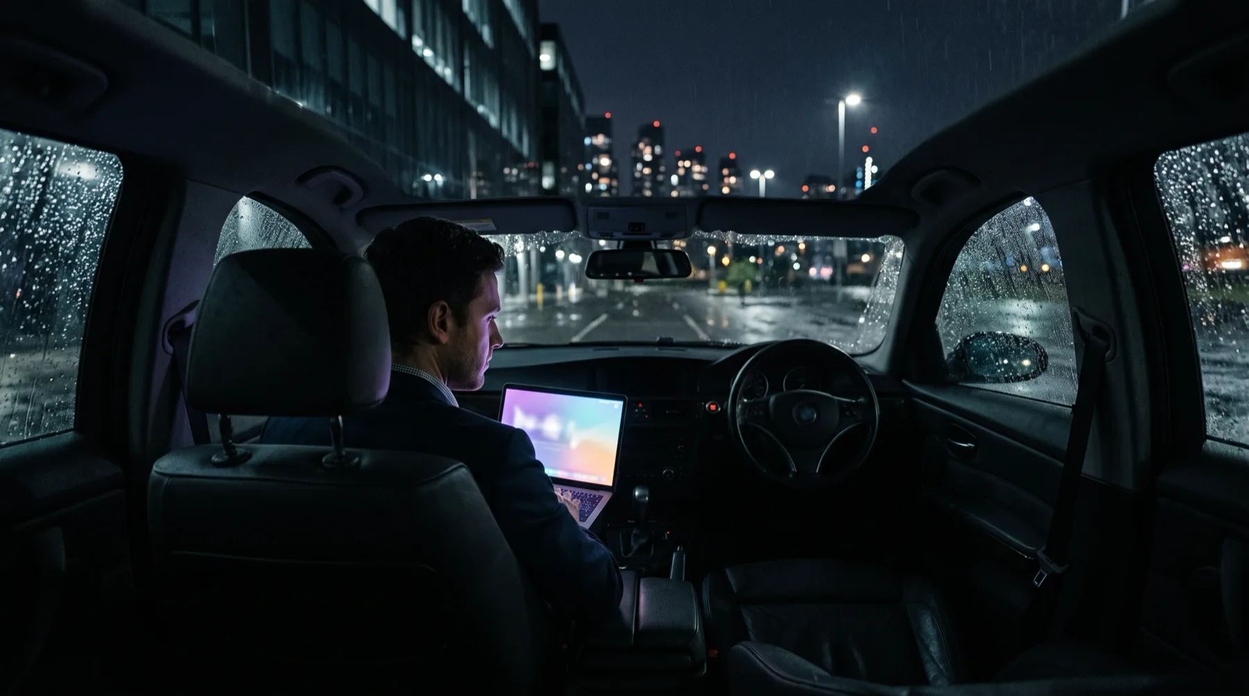 Inline: a lone salesperson sitting in a parked car at night in an empty office car park, laptop open, face lit by a soft spectrum glow from the screen, rain on the windscreen