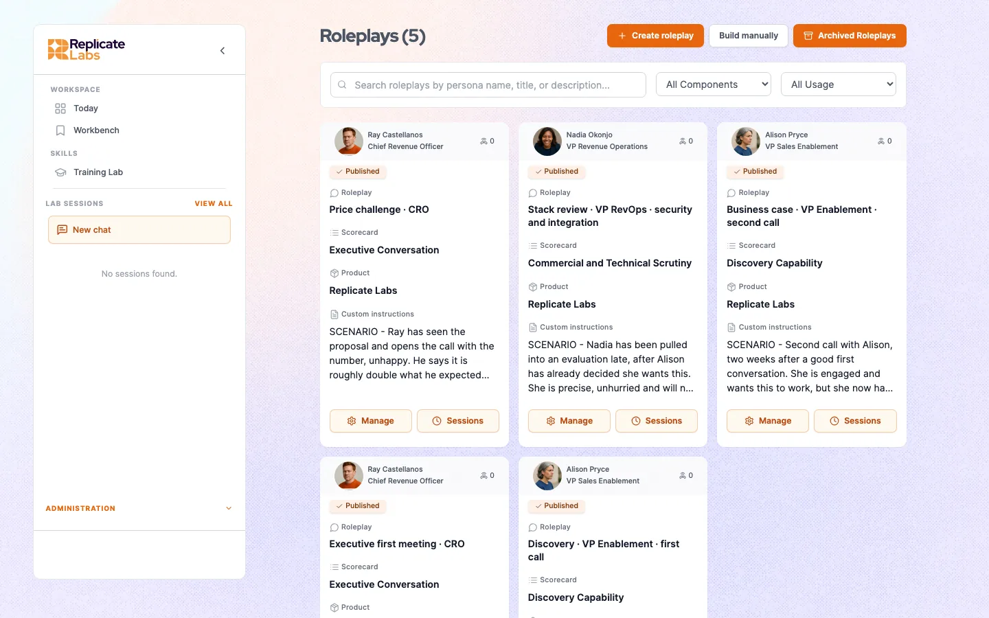 Configured roleplays showing the persona, scorecard and product bound into each