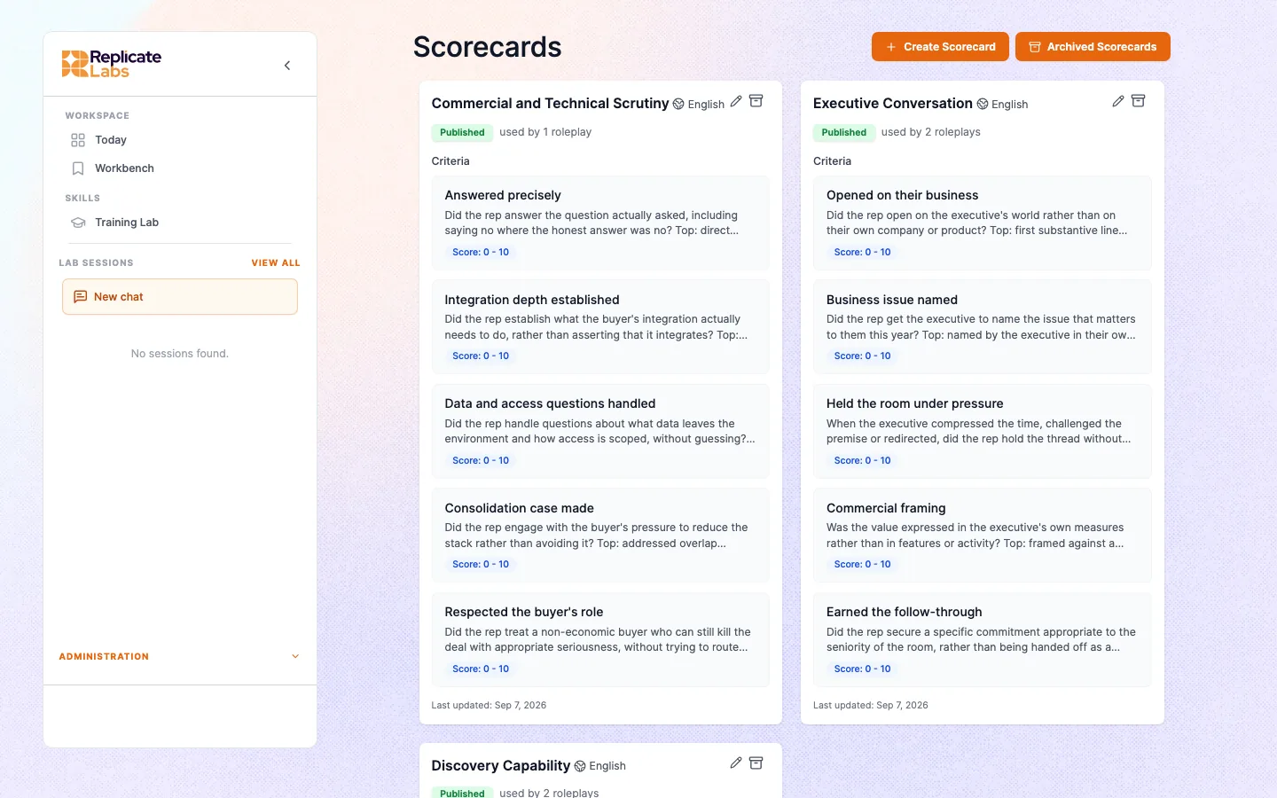 Scorecard configuration showing capability items and their score ranges