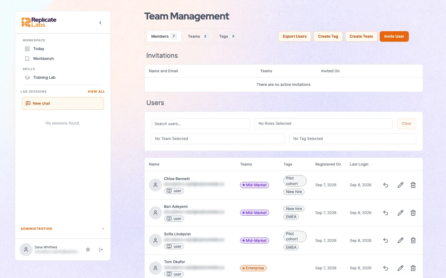 Team management showing members with their teams, tags and roles