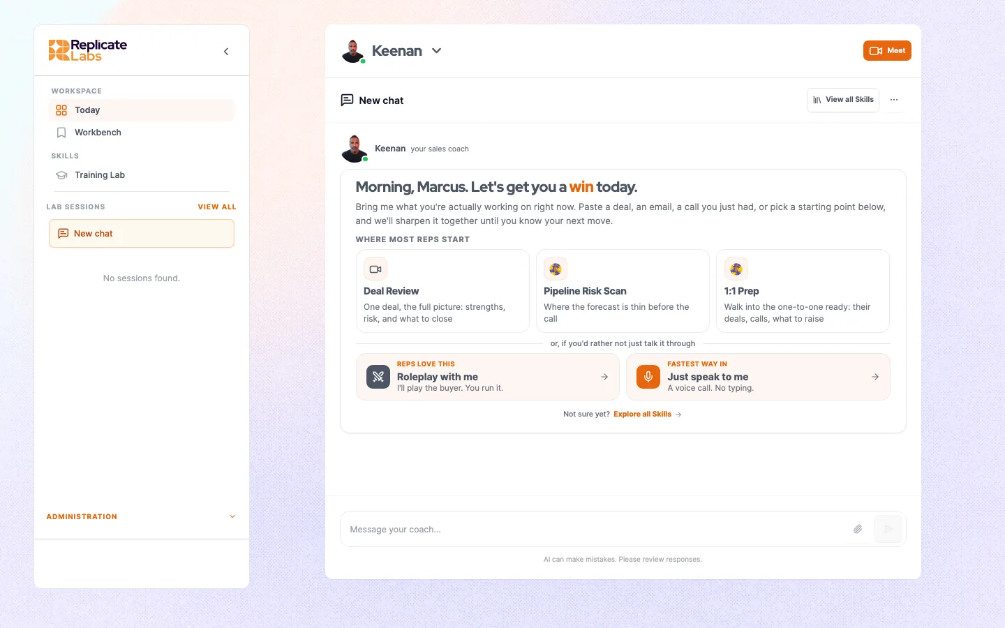 The manager surface with its own button row: deal review, pipeline risk, one to one preparation