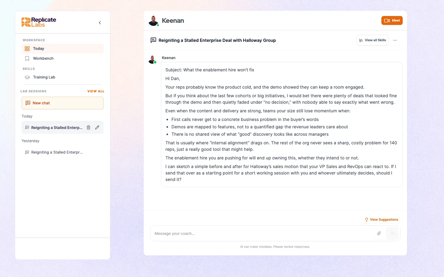 A coaching conversation about a named opportunity, with the coach drafting an email