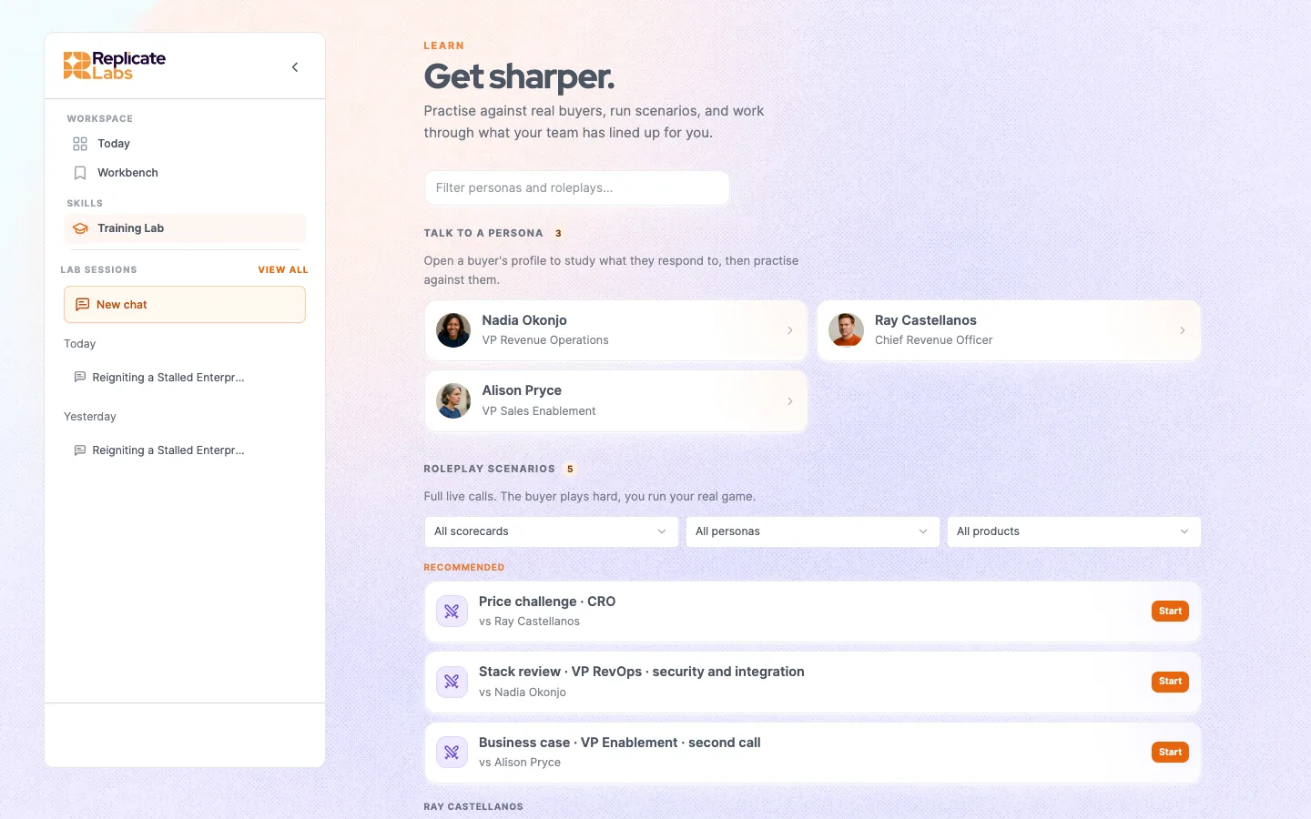 The Training Lab showing buyer personas and the roleplay scenarios available to run