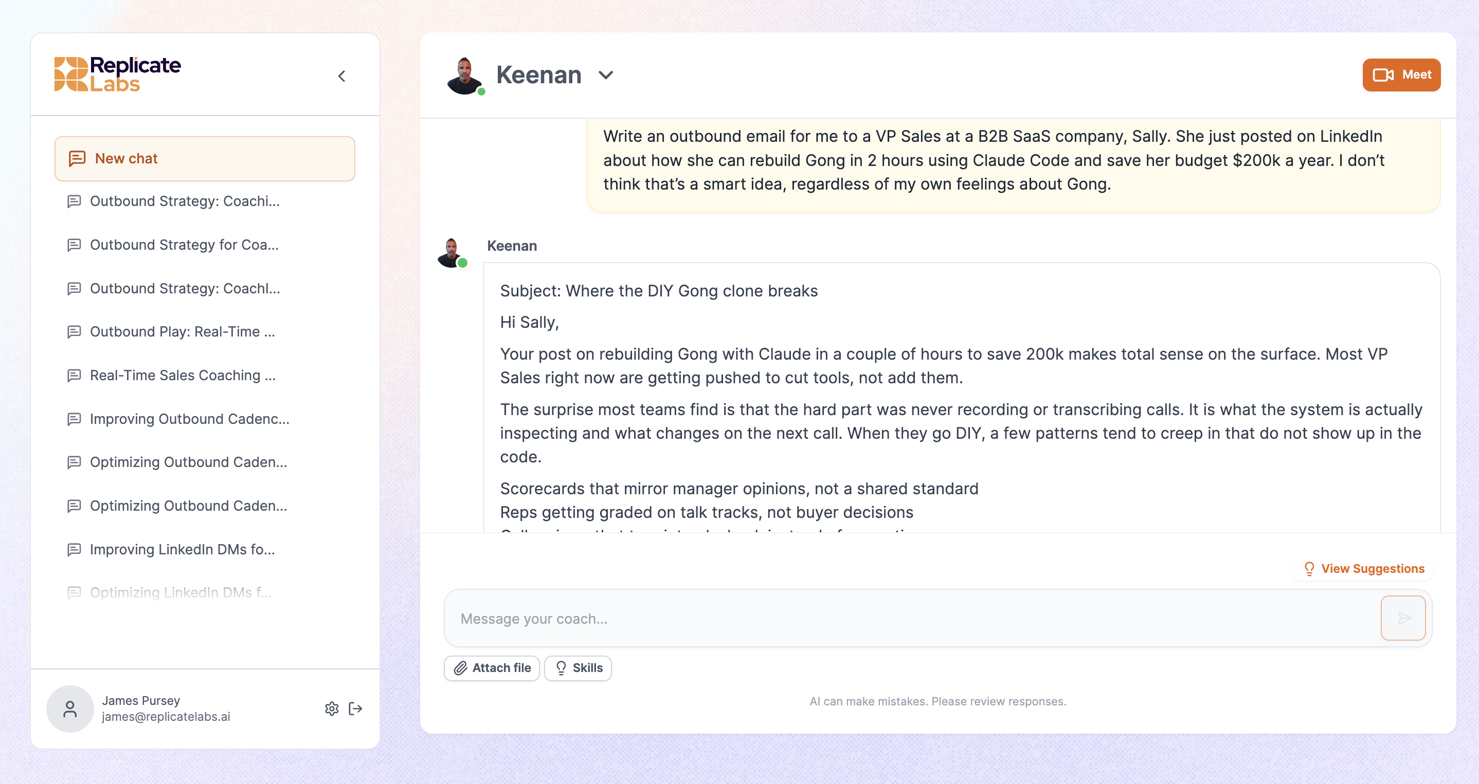 An AI coach answering a sales question inside a Slack direct message