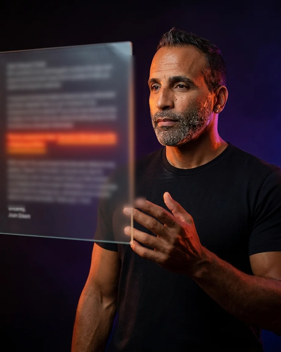 Keenan reviewing a cold email on a translucent panel, one line flagged in red as the line buyers reject