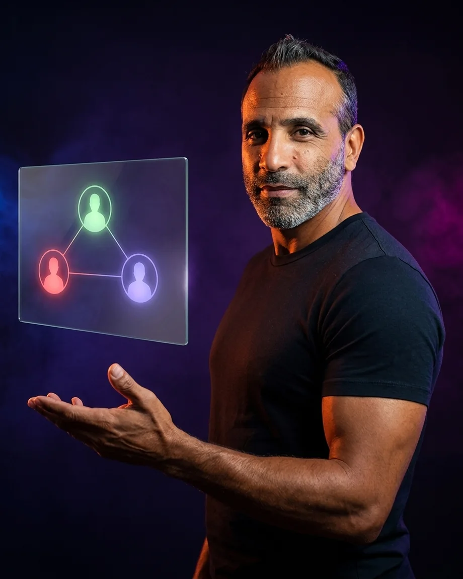 Keenan presenting a pre-call brief that maps the room: champion, signer and blocker as connected nodes