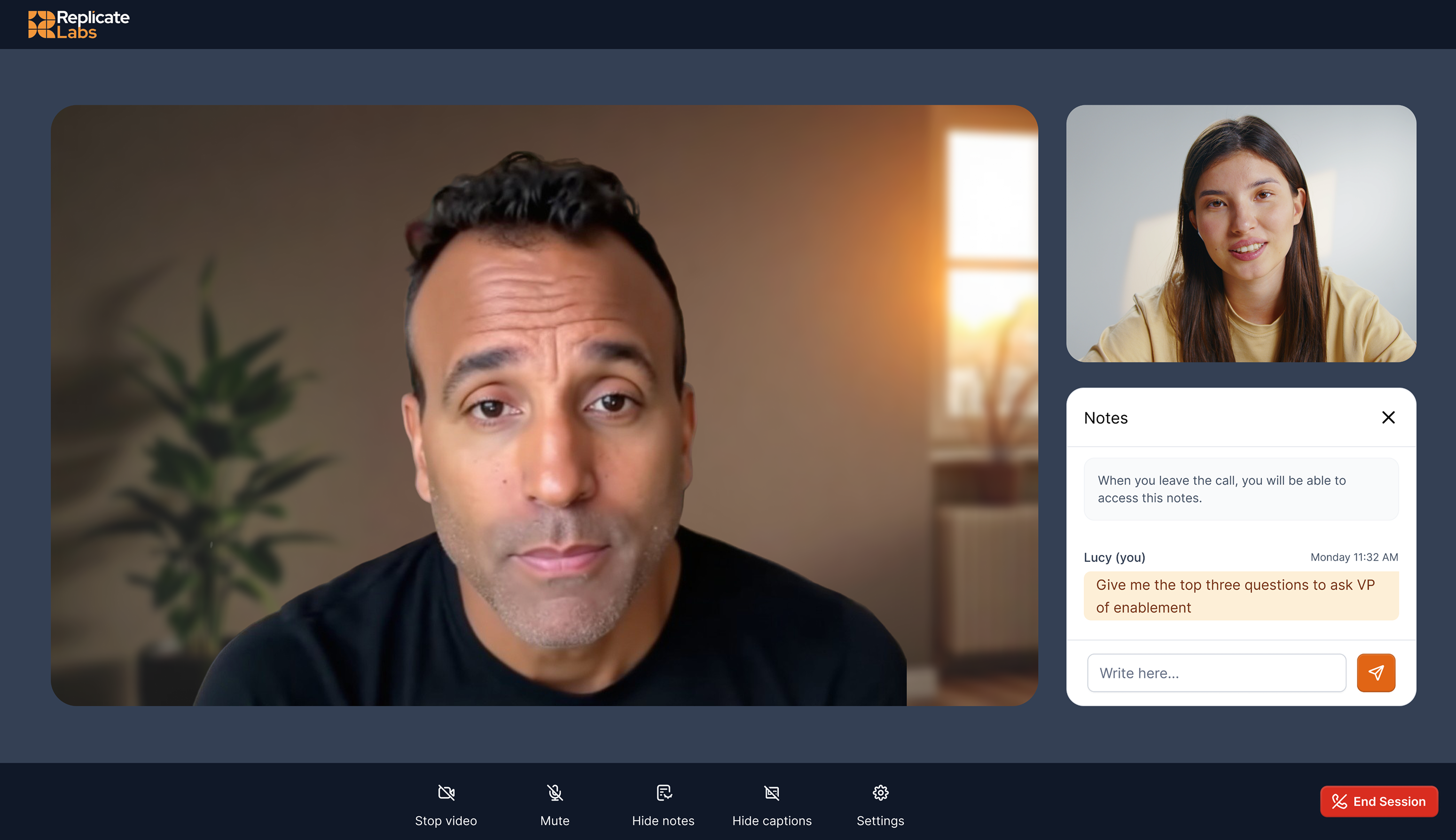 Keenan on a live video call with a notes panel open