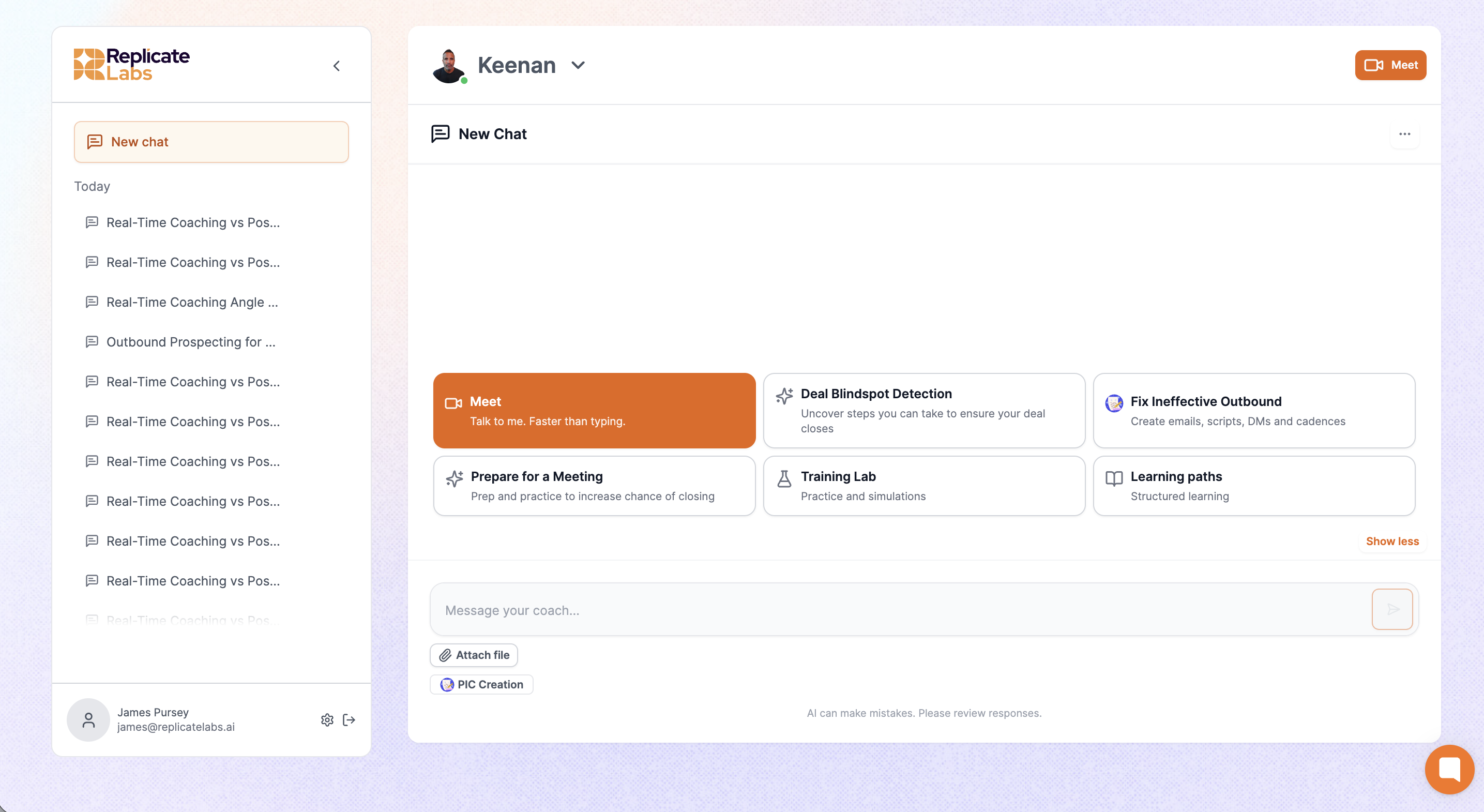 Keenan prep menu: Deal Blindspot, Meeting Prep, Fix Outbound